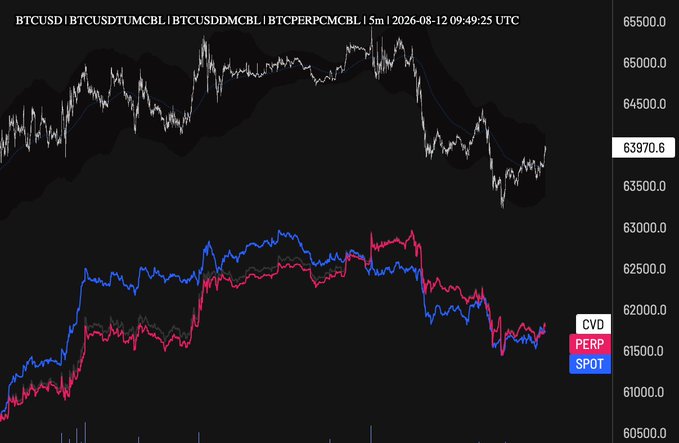 A 15-minute BTCUSD chart from August 12, 2026 shows price action declining toward 63,970.6 with BTCUSD, BTCUSDT, BTCTUSD, and BTCPERP CVD indicators plotted, where the CVD lines have flattened near the lows while price prints new ones, supporting the caption's claim of selling exhaustion and an impending upward reversal.