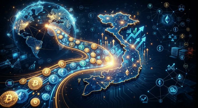 A digital artwork depicting a glowing globe with interconnected networks of cryptocurrency coins flowing into a map outline shaped like Vietnam, surrounded by various crypto symbols and data graphics.