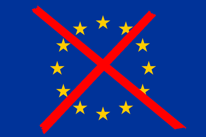 A blue flag with yellow stars in a circle, resembling the EU flag, crossed out with a red X.