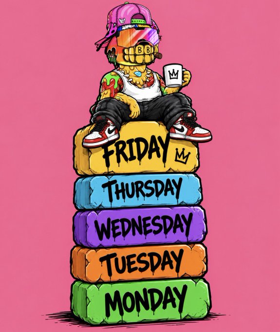 A colorful cartoon skull character wearing a pink cap, gold chain, and Jordan sneakers sits atop a stack of rainbow-colored bricks labeled "MONDAY" through "FRIDAY," holding a coffee mug with a crown logo. The image perfectly captures the post's "Happy Friday" sentiment, showing the character having successfully climbed through the entire workweek to reach Friday at the top.