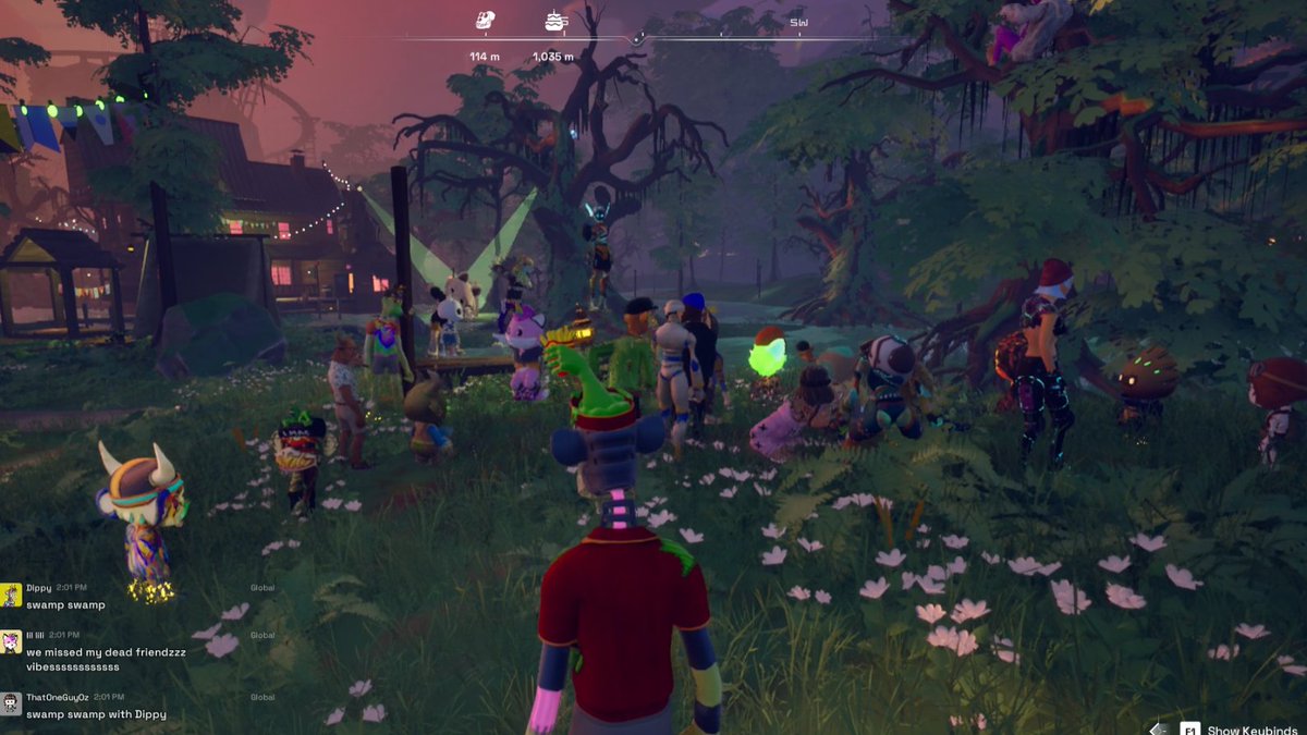 A screenshot from a virtual video game showing various colorful cartoon-like avatars gathered in a swamp-like forest environment with chat messages visible on the left.