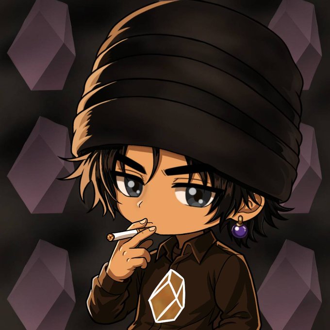 A digital anime-style illustration of a young boy with brown hair wearing a large black turban, a black shirt featuring a Bitcoin logo, and a purple earring, holding a cigarette against a dark background with diamond shapes.