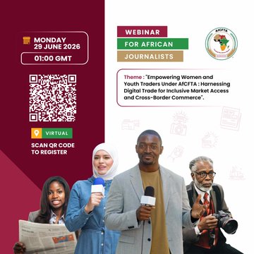 A promotional flyer for an upcoming webinar for African journalists on January 29, 2024, from 1:00 PM to 5:00 PM GMT. The webinar aims to empower women and youth traders under AICIFA by harnessing digital trade for inclusive markets and cross-border commerce.