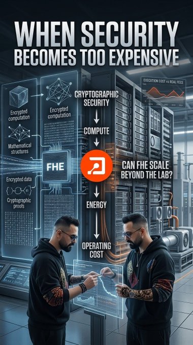 An infographic titled 'WHEN SECURITY BECOMES TOO EXPENSIVE' shows two men examining technical diagrams related to 'FHE', 'COMPUTE', 'ENERGY', and 'OPERATING COST'.
