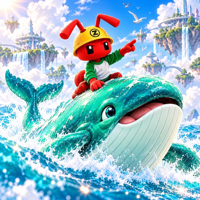 A red ant mascot wearing a yellow hard hat with a "Z" emblem rides atop a giant smiling blue whale breaching through ocean waves, with a fantastical backdrop of floating islands and castles. The image creatively merges the "ANT" and "Moby" whale-tracking theme, visually representing Moby's new real-time $ANT activity monitoring and whale-tracking tool for crypto traders.

Key elements: "Z" logo on the ant's helmet; "ANT" ticker referenced.