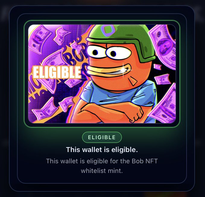 A digital confirmation card showing an orange cartoon character wearing a green helmet and blue shirt, surrounded by floating dollar bills, displays the text "ELIGIBLE" and confirms "This wallet is eligible for the Bob NFT whitelist mint," matching the user's excited announcement of qualifying for the @BobMonad NFT whitelist via the BobMonad.com eligibility checker.