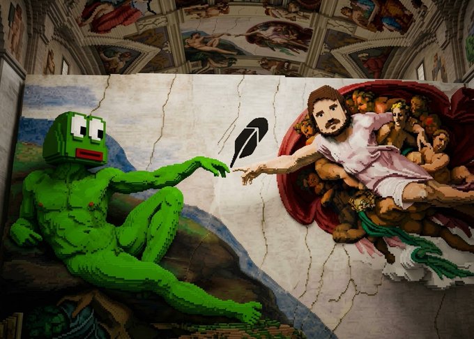 A humorous digital art piece that reimagines Michelangelo's Sistine Chapel ceiling, replacing Adam with a pixelated green character reaching toward a bearded man in classical robes.