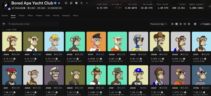 A screenshot of the Bored Ape Yacht Club NFT collection page on OpenSea shows the floor price at 6.73 ETH (-3.2%), with individual apes listed with their token IDs, last sale prices, and rank, including notable characters like #1787 with robot eyes selling at 4.81 ETH—aligning with the post's concern about "robot eyes" apes trading near the floor price of 6.7 ETH ahead of APEFEST.