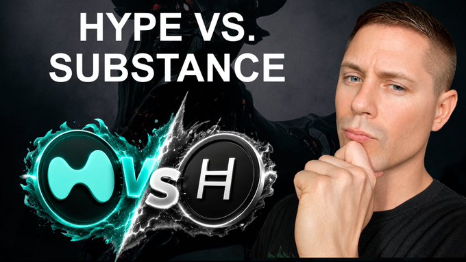 The image features a man with short hair wearing a black shirt who appears to be deep in thought or contemplation. The background of the image is dark, which contrasts with the white text that reads "HYPE vs. SUBSTANCE". Below this title, there are two circles - one containing the word "H" and the other "E", representing the opposing sides of the argument presented in the post.
