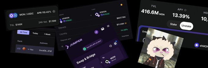 The image shows a collection of different apps, including Monad, Earned bronze badge, Deposited into MON/USDC vault, Staked $MON on @0xFastLane, Deposited shMON on @curvance, and joined @chog_xyz trenches. The post also mentions that the user has earned a bronze badge for their account at Monad Exchange.
