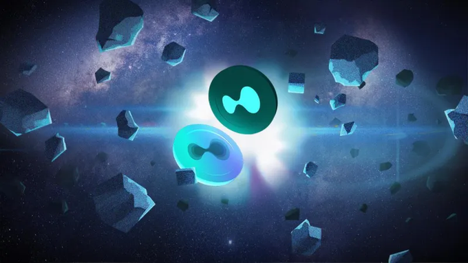 A digital artwork shows two glowing blue circular tokens with figure-eight symbols floating in space surrounded by asteroids against a cosmic nebula background.