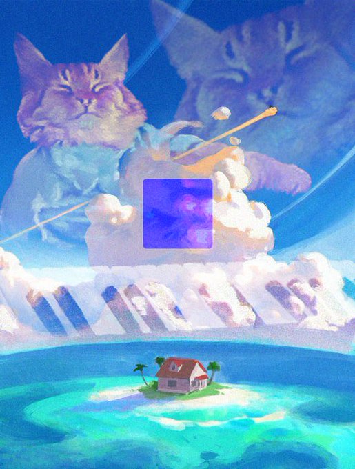 A surreal digital painting features a small house on a tropical island below clouds, with a giant translucent cat appearing in the sky above.