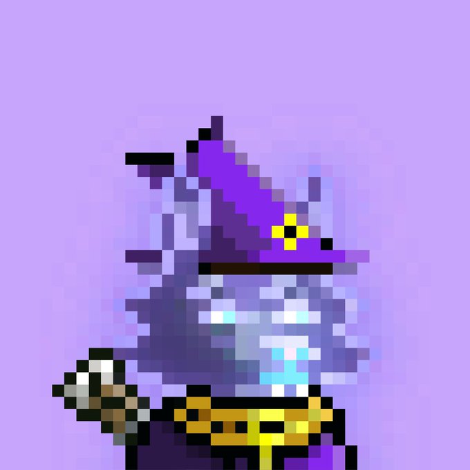 Pixel art depicting a wizard character wearing a purple hat and robe holding a staff against a lavender background.