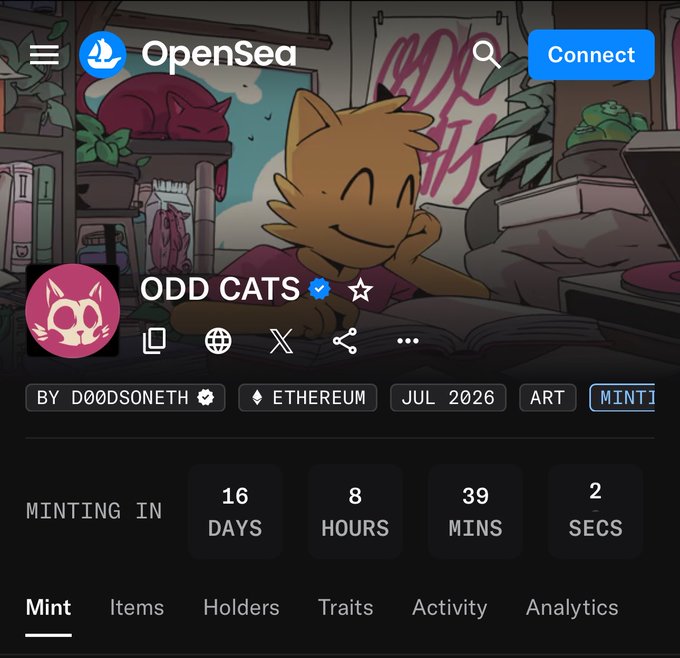 An OpenSea NFT minting page for the "ODD CATS" collection by D00DSONETH on Ethereum, scheduled to mint in 16 days, 8 hours, 39 minutes, and 2 seconds.
