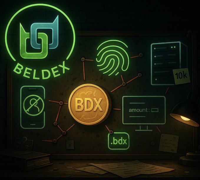 A neon-lit illustration featuring the 'BELDEX' logo, a gold coin labeled 'BDX', and various icons like a fingerprint and a monitor.