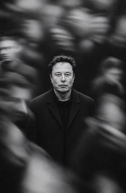 A black and white portrait of Elon Musk in a dark coat, surrounded by a blurred motion effect of figures.