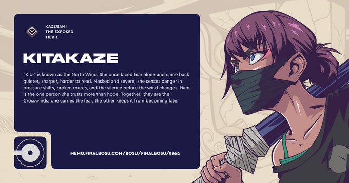 A character profile card for Kitakaze, a Kazegami (Exposed Tier 1) character with purple hair and a face mask, describing her as 'the North Wind' on nemo.finalbosu.com/bosu/finalbosu/5869.