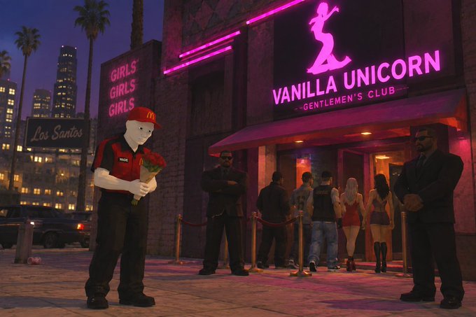 A video game scene showing a clown-masked character in a McDonald's-style uniform holding flowers outside the 'Vanilla Unicorn Gentlemen's Club' neon-lit entrance at night.