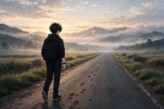 An anime-style illustration of a young person with dark hair and a backpack walking down an empty road at sunrise, with misty mountains in the distance and footprints trailing behind them.