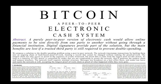 The image shows the title page of the Bitcoin whitepaper, "Bitcoin: A Peer-to-Peer Electronic Cash System" by Satoshi Nakamoto. It relates to the post by highlighting the original vision of peer-to-peer electronic cash without financial institutions—contrasting that promise with today's crypto landscape dominated by centralized stablecoin issuers like Tether and Circle.