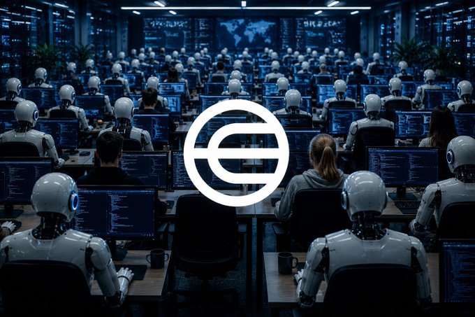 A futuristic server room filled with humanoid robots and human workers coding at computer terminals, overlaid with a white stylized "e" logo in the center. The image visually reinforces the post's message about bots dominating internet traffic and the growing need for proof-of-human verification through projects like World Network ($WLD) and Orbs ($ORBS).