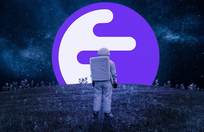 An astronaut stands on a grassy hill gazing up at a starry night sky, where a large purple and white Feedly logo is superimposed in the background.