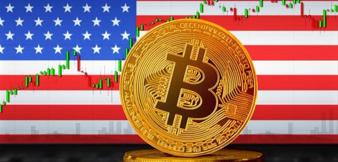 A gold Bitcoin coin sits prominently in the foreground against the American flag, with a candlestick chart showing price volatility in the background. The imagery symbolizes the intersection of cryptocurrency and the U.S. financial markets, reinforcing the post's message about Bitcoin's resilience and institutional interest amid geopolitical uncertainty.
