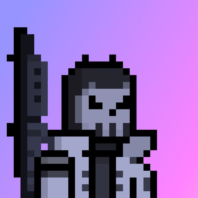 Pixel art of a grey armored character holding a weapon against a purple and pink gradient background.