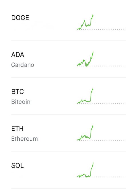 A list of cryptocurrencies with green upward-trending line graphs shows the tickers DOGE, ADA (Cardano), BTC (Bitcoin), ETH (Ethereum), and SOL.