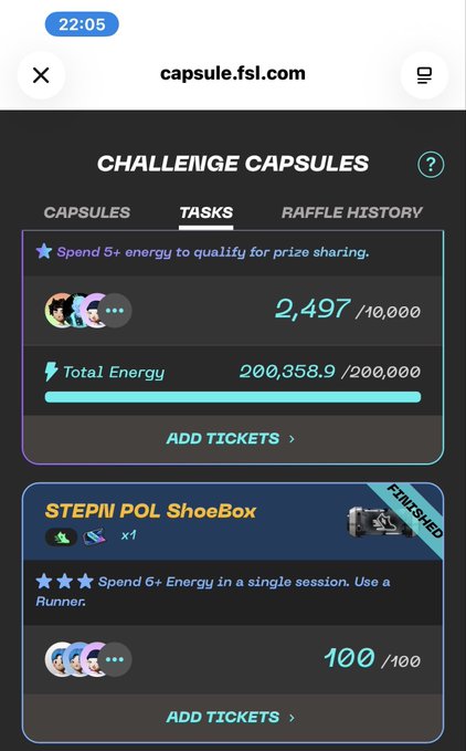 The image shows the "Challenge Capsules" interface on capsule.fsl.com with the "TASKS" tab selected, displaying a completed "STEPN POL ShoeBox" challenge (100/100) and a total energy count of 200,358.9/200,000.