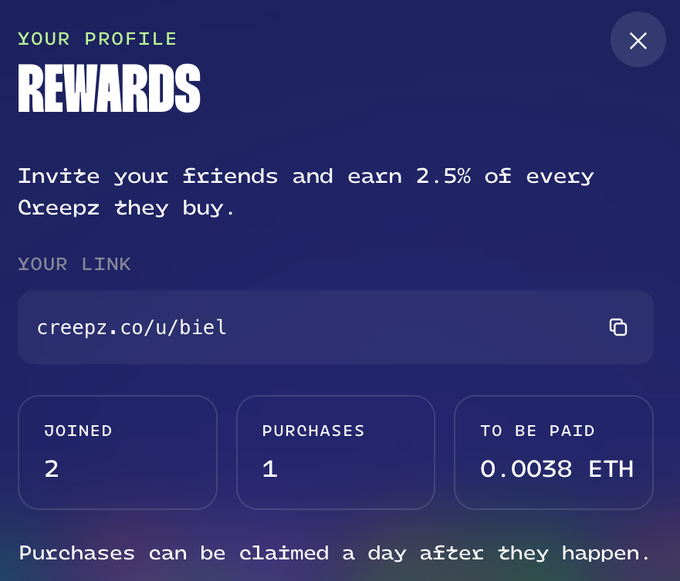 A Creepz profile rewards page showing a referral link 'creepz.co/u/biel' with 2 joined, 1 purchase, and 0.0038 ETH to be paid.