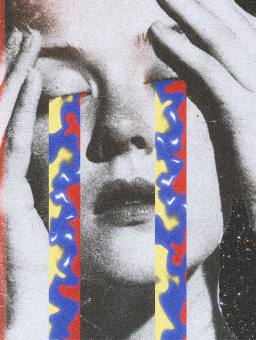 An artistic collage-style image featuring a black and white photograph of a woman's face with her hands on her head, overlaid with vertical colorful stripes in red, blue, and yellow camouflage patterns running down from her eyes, along with a starry space background element.