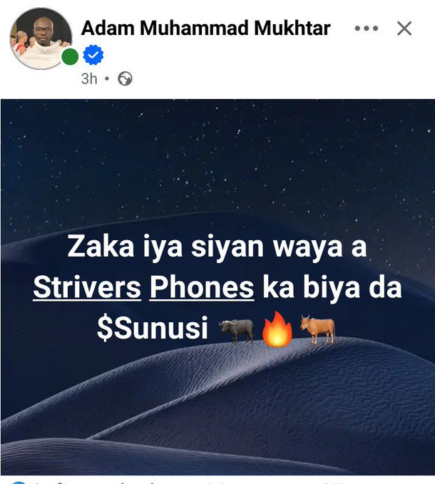 A social media post by Adam Muhammad Mukhtar featuring a starry night background announces "Zaka iya siyan waya a Strivers Phones ka biya da $Sunusi" (meaning the ability to purchase phones at Strivers Phones using $Sunusi), accompanied by bull, fire, and bull emojis, promoting the acceptance of the $SUNUSI cryptocurrency token as payment for mobile phones at Strivers Phones.
