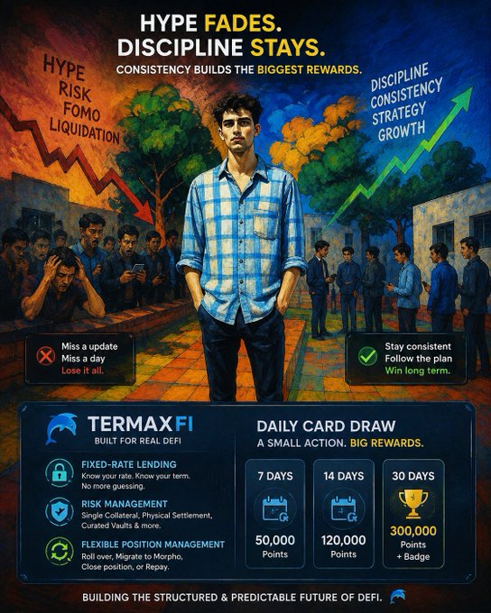 A promotional graphic for 'TERMAXFI - BUILT FOR REAL DEFI' showing a young man in a blue plaid shirt standing confidently, with the headline 'HYPE FADES. DISCIPLINE STAYS.' and details about a 'DAILY CARD DRAW' with rewards at 7, 14, and 30 days (50,000, 120,000, and 300,000 points).