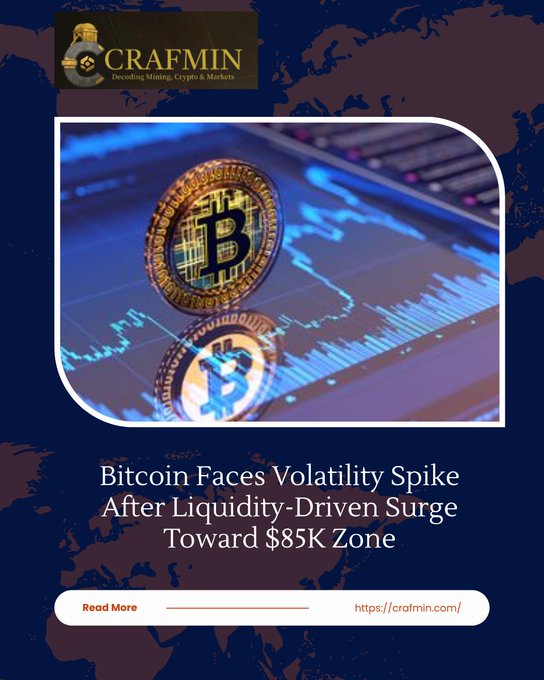 A Crafmin advertisement reads 'Bitcoin Faces Volatility Spike After Liquidity-Driven Surge Toward $85K Zone' above images of Bitcoin tokens on a trading chart.