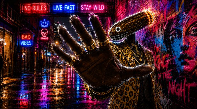 A vibrant cyberpunk-style digital artwork featuring a large hand wearing rings, a character in a leopard-print shirt, neon signs reading 'NO RULES', 'LIVE FAST', 'STAY WILD', 'BAD VIBES', and a mural of a face with 'KING OF THE NIGHT' text.