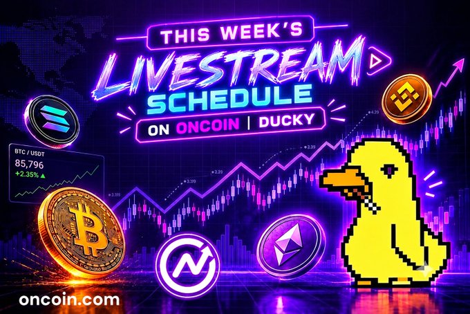 A vibrant neon-style graphic advertising 'THIS WEEK'S LIVESTREAM SCHEDULE ON ONCOIN | DUCKY,' featuring a pixelated yellow duck, BTC trading at 85,796 (+2.35%), and various cryptocurrency logos.