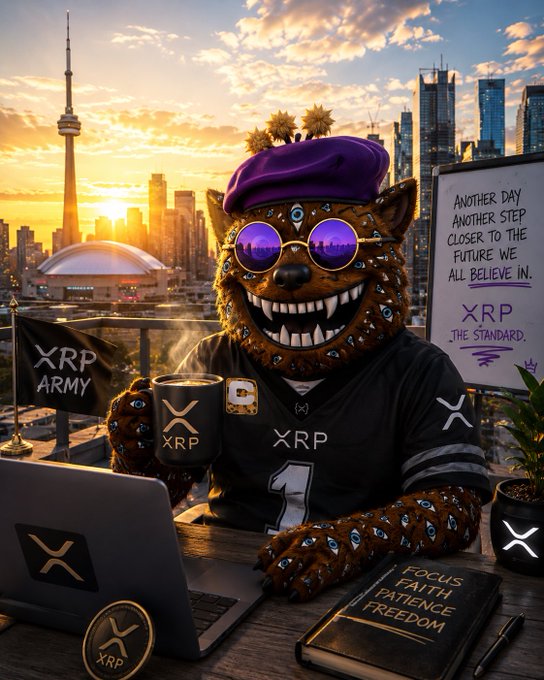 A furry XRP-themed mascot wearing a purple beret and reflective sunglasses holds an "XRP Army" coffee mug while working on a laptop, with a Toronto skyline at sunset behind him, a sign reading "Another day another step closer to the future we all believe in. XRP The Standard," and a book titled "Focus Faith Patience Freedom." The image visually reinforces the post's rallying message to the XRP Army, tying together the meme-style mascot with the bullish sentiment about the Clarity Act, stablecoins, and XRP's growing role in tokenization and digital assets.