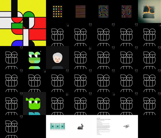 A collage of various abstract and artistic images including Mondrian-style geometric art, dot patterns, character avatars, and design layouts.