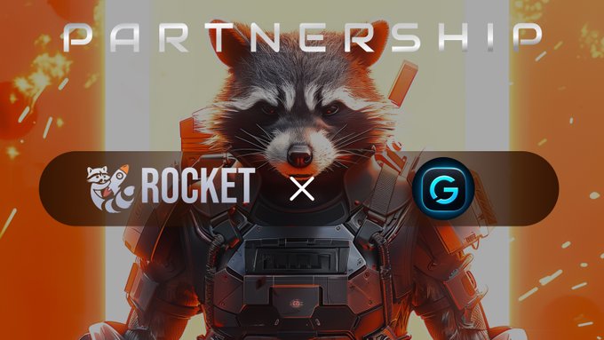 A promotional partnership graphic featuring an anthropomorphic raccoon in tactical armor, with bold "PARTNERSHIP" text at the top and the logos of "ROCKET" and "GXT" flanking an "X" symbol in the center, visually representing the collaboration between Rocket and GXT Exchange described in the post.