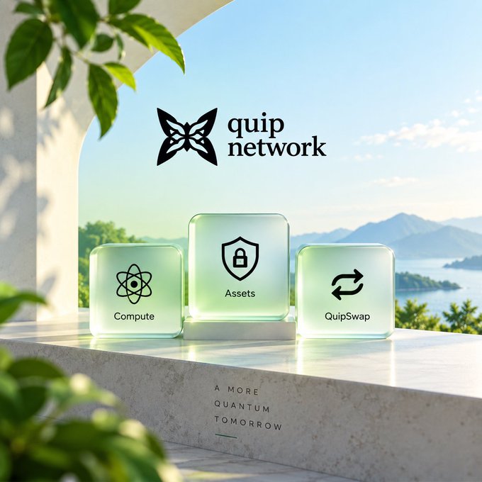 A promotional image for 'quip network' featuring three glass cubes labeled 'Compute', 'Assets', and 'QuipSwap' against a scenic coastal background with the tagline 'A MORE QUANTUM TOMORROW'.