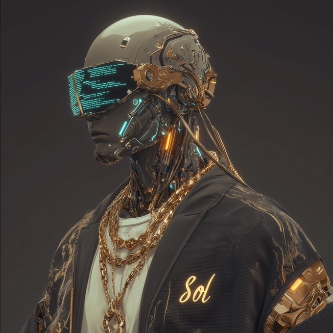 A futuristic 3D render of a cyberpunk character wearing a high-tech VR visor displaying code, gold chains, and a jacket with 'Sol' written in script.