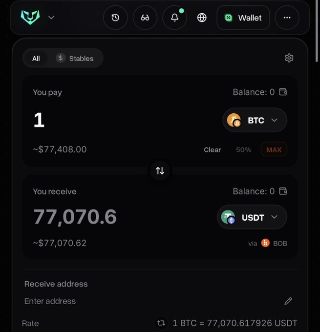 A cryptocurrency exchange interface showing a swap of 1 BTC (~$77,408.00) for 77,070.6 USDT via BOB, with a balance of 0 and a receive address field.
