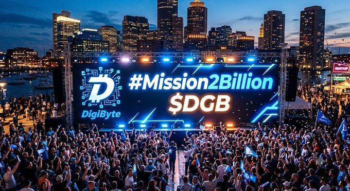 A large crowd gathers at a nighttime outdoor event with a city skyline backdrop, watching a stage featuring a prominent screen displaying "#Mission2Billion $DGB" alongside the DigiByte logo. The image aligns with the post's message, promoting DigiByte's mission to reach 2 billion users at what appears to be a major crypto/blockchain event.