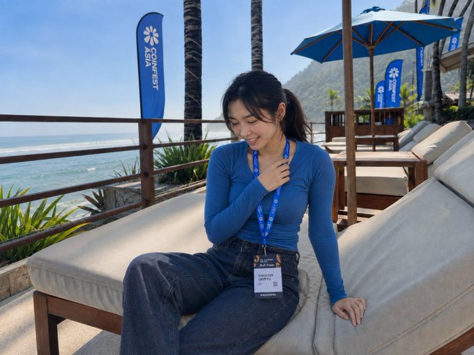 Naya sits on a beachside lounge chair at Coinfest Asia, wearing a "Director Crypto" badge as she represents Direktur Crypto at the coastal conference.