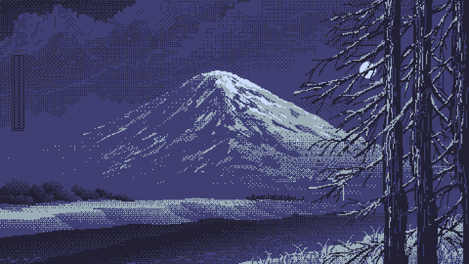 A pixel art illustration depicting a snow-capped mountain at night with a crescent moon visible through silhouetted trees.