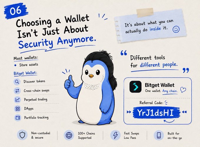 A promotional graphic for the Bitget Wallet featuring a penguin mascot, highlighting features like token discovery, cross-chain swaps, and perpetual trading, along with a referral code 'YrJ1dsHI'.