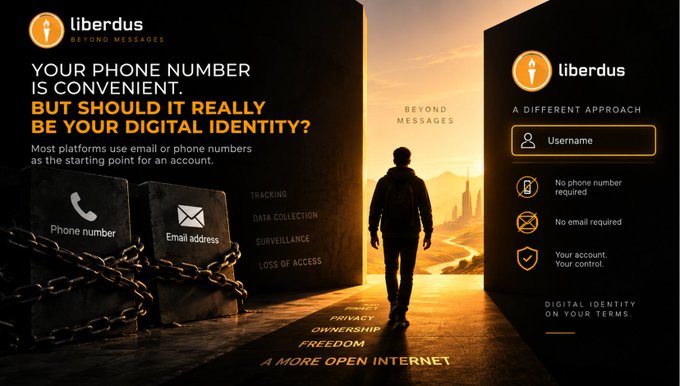 A promotional image for 'liberdus' posing the question 'YOUR PHONE NUMBER IS CONVENIENT. BUT SHOULD IT REALLY BE YOUR DIGITAL IDENTITY?' featuring a person walking toward a bright exit.