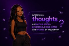 An illustrated character with the text 'What are your thoughts on playing games, predicting, doing raffles and rewards on one platform?'