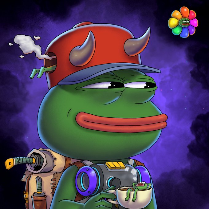 The image features a cartoon frog wearing a red hat with horns and holding a cup of coffee, surrounded by various objects such as backpacks and a camera. The background shows a purple sky filled with stars, giving the scene an otherworldly feel. The caption reads "GM Explorer, I'M TAKING advantage of the morning to grab a Pepe with the 'Chill Coffee' accessory. I'M organizing a drawing contest soon !".